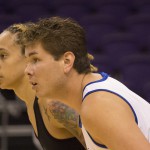 Adam Grimes (right) is one of nine members of the Mercury’s all-male practice squad. Grimes’ 6-10 frame makes him an ideal match for Mercury star Brittney Griner (left). (Cronkite News photo by Cuyler Meade)