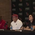 Cardinals coaching intern Jen Welter (right) spoke to a packed room at her introductory news conference on July 27. (Cronkite News photo by Michael Nowels)