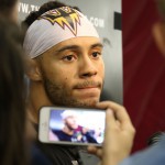 ASU wide receiver D.J. Foster talks to the media after practice on Tuesday, Sept. 29, 2015. ASU travels to Los Angeles to play the Bruins in their second week of Pac-12 play. (Cronkite News photo by Maria Vasquez)