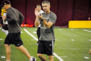 ASU offensive coordinator Mike Norvell watches practice inside the Verde Dickey Dome on September 15, 2015 in Tempe.