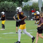 ASU wide receiver Devin Lucien leaves the practice field after stretching to work with the rehab players. Head coach Todd Graham said Lucien did get some reps in during practice and is probable to play on Saturday. (Photo by Bill Slane/Cronkite News)