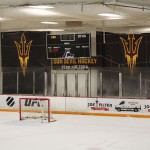 The newly renovated scoreboard in Oceanside Ice Arena. (Cronkite News photo by Allyson Cummings)