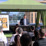 Brad Wright, co-chair of the Arizona Organizing Committee< speaks at a news conference unveiling the College Football Playoff Championship Campus in downtown Phoenix. (Cronkite News photo by Evan Webeck)