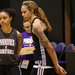 Mercury center Brittney Griner, middle, set a career high this season with 4.0 blocks per game. (Cronkite News photo by Chris Caraveo)