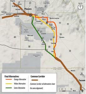 This Arizona Department of Transportation map shows the preferred path for a commuter rail line in yellow and an alternative route in orange. A green line shows a route following Interstate 10 that’s no longer being considered.