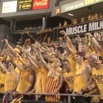 Arizona State students cheer on the Sun Devils from one end of the new “Double Inferno” student seating at Sun Devil Stadium. (Cronkite News photo by Antonio Cannavaro)