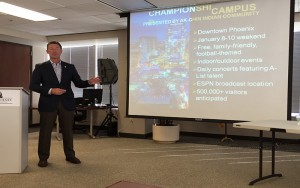 Brad Wright, co-chairman of the Arizona Organizing Committee for the 2016 College Football Playoff National Championship Game, spoke to the Greater Phoenix Chamber of Commerce’s Economic Development Committee meeting on Thursday. (Photo by Jason Axelrod/Cronkite News)