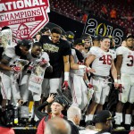 Players from the Alabama Crimson Tide celebrate the school's 16th national championship at University of Phoenix Stadium Monday night. (Photo by Bill Slane/Cronkite News)