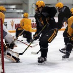 ASU's hockey team practices before departing for their first games against Division I opponents, in Alaska this weekend. (Photo by Zuriel Loving/Cronkite News)