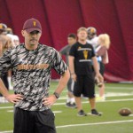 ASU offensive coordinator Mike Norvell watches the running backs in a ball protection drill inside the Verde Dickey Dome on Oct. 6, 2015 in Tempe. (Cronkite News photo by Bill Slane)