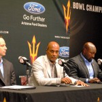 Arizona State Vice President for University Athletics and Athletic Director Ray Anderson (center) and senior associate athletic directors Rockey Harris (left) and Scottie Graham (right) anounce the additions of varisty women’s lacrosse and triathlon to the university. (Photo by Bill Slane/Cronkite News)