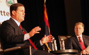 Gov. Doug Ducey speaks to the crowd gathered for “Steering Arizona’s Future in International Waters,” moderated by Kurt Volker, former U.S. ambassador to NATO and executive director of the McCain Institute.