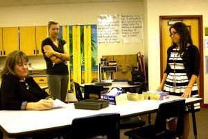 Retired teacher Kendra Tollackson (left) started a GoFundMe campaign for Sunnyslope Elementary School language arts teachers Claire Darby (center) and Jeni Vargas. (Photo by James Anderson)