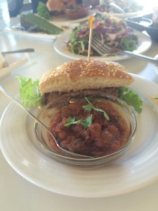 A chiliburger made at vegan restaurant Loving Hut. The restaurant makes burgers, wraps and sandwiches from plant-based ingredients. (Photo by Lauren Clark/Cronkite News)