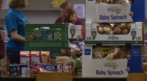 Donated food piled on desk