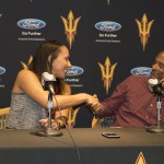 Stevie Mussie (left) becomes the seventh head coach in ASU volleyball history. Mussie is the 10th Sun Devil head coach hired by athletic director Ray Anderson (right). (Photo by Kerry Crowley/Cronkite News)