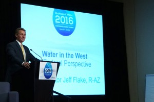 U.S. Sen. Jeff Flake, R-Arizona, speaks at the 2016 Business of Water Summit in Phoenix. In his remarks, Flake outlined his criteria for federal legislation to address the drought facing states that rely on the Colorado River for water. (Photo by Travis Arbon/Cronkite News0