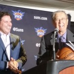 Suns President Jason Rowley (left) and Prescott Valley Mayor Harvey Skoog celebrate the arrival of the Northern Arizona Suns to Prescott Valley. (Photo by Cuyler Meade/Cronkite News)