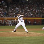 Arizona Diamondbacks right-handed relief pitcher Jake Barrett pitches in the top of the fifth inning against the Colorado Rockies on Opening Day. (Photo by Kris Vossmer/Cronkite News)