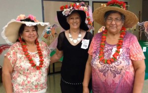 The three winners of the Kentucky Derby Hat contest at Cahill Senior Center. From left to right, Most elegant: Higinia Garcia. Most extravagant: Barbara Lindsay. Most creative: Linda Flores, in Tempe, Ariz.(Photo by Kendall Bartley/ Cronkite News)