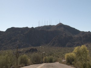 The radio and television towers on the peaks of South Mountain Park and Preserve day or night have become a Valley landmark. (Photo by Elena Mendoza/Cronkite News)