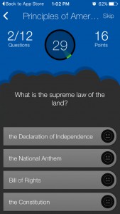 The app features eight sections with multiple-choice questions.