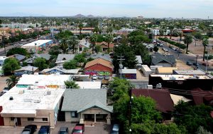 This neighborhood in downtown Phoenix lies in the heart of the arts district on Roosevelt Row. Some community members and businesses in the neighborhood are concerned that new developments may threaten the character and vibrancy of the area. (Photo by Lindsay Robinson/Cronkite News) that new developments may threaten the character and vibrancy of the area. (Photo by Lindsay Robinson/Cronkite News)