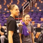 Ana Resendiz shares a laugh with her WNBA idol Diana Taurasi. The high school senior broke Taurasi’s single-season three-point record in Chino, California. (Photo by Landon Brown/Cronkite News)