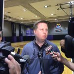 Suns Assistant General Manager Pat Connelly taking questions from the local media after the first day of Suns draft workouts. (Photo by John Alvarado/Cronkite News)