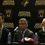 Coyotes Executive Vice President of Hockey Operations and head coach Dave Tippett (center) explains how they can monitor both teams a lot closer with the move of the AHL club to Tucson. (Photo by Joseph Steen/Cronkite News)