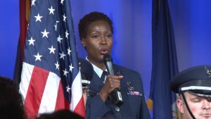 Staff Sgt. Lisa Cimino of Arizona Air National Guard sang the national anthem. (Photo by Eddie Keller/Cronkite News)
