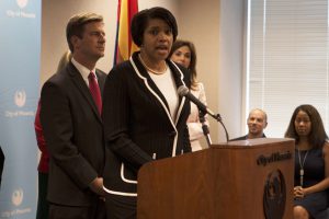 New Phoenix Police Chief speaks about her selection at a press conference at city hall with Mayor Greg Stanton behind her. (Photo by John Alvarado/Cronkite News)