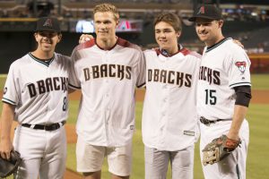 Arizona Coyotes first round picks Jakob Chychrun and Clayton Keller with Arizona Diamondbacks catcher Tuffy Gosewisch and infielder Phil Gosselin. (Photo by John Alvarado/Cronkite News)