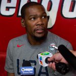 Kevin Durant answers questions before U.S. men's basketball practice at the Flamengo Club in Rio de Janeiro on Thursday, Aug. 11, 2016. (Photo by Courtney Pedroza/Cronkite News)