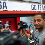 Carmelo Anthony answers questions before U.S. men's basketball practice at the Flamengo Club in Rio de Janeiro on Thursday, Aug. 11, 2016. (Photo by Courtney Pedroza/Cronkite News)