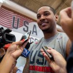 Carmelo Anthony answers questions before U.S. men's basketball practice at the Flamengo Club in Rio de Janeiro on Thursday, Aug. 11, 2016. (Photo by Courtney Pedroza/Cronkite News)