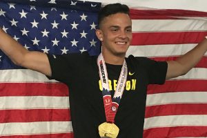 Olympic hurdler Devon Allen celebrates winning the gold medal in the U.S. Olympic Track and Field Trials. (Photo courtesy of Louis Allen)