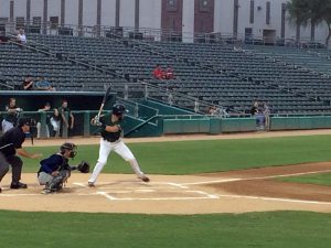 Tucson Saguaros’ second baseman Michael Rampone up at bat in front of a sparse crowd at Kino Veterans Memorial Stadium. (Photo by Michael Boylan/Cronkite News)