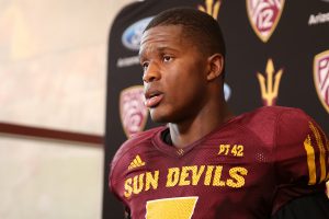 ASU's Kalen Ballage invited all 10 of his offensive linemen to the post-game conference after his record-setting performance against Texas Tech. (Photo by Lindsey Wisniewski/ Cronkite News) 