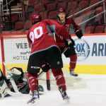Coyotes rookie center Mason Kohn attempts a shot during the third day of evaluation camp on Monday, August 19 at Gila River Arena. (Photo by Nicole Vasquez/Cronkite News)