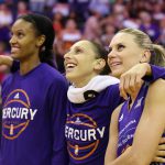 Phoenix Mercury forward Penny Taylor is joined by teammates Diana Taurasi and DeWanna Bonner during a postgame tribute honoring the veteran. (Photo by Lindsey Wisniewski/ Cronkite News)
