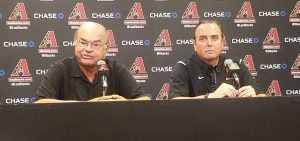 Diamondbacks’ Managing General Partner Ken Kendrick and President and CEO Derrick Hall address the media after the announcement that general manager Dave Stewart and manager Chip Hale were released. (Photo by Trisha Garcia/Cronkite News)
