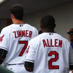 Indians’ No. 1 prospect Bradley Zimmer walks through the dugout with Indians’ No. 19 prospect Greg Allen. (Photo by Trisha Garcia/Cronkite News)