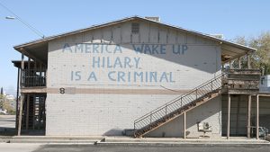 An apartment building in Miami, Arizona has an anti-Hillary Clinton message scrawled on it on Thursday, Nov. 17, 2016. Although Globe-Miami residents said the area has traditionally been liberal, some are hoping to see an increase in bipartisan politics under a Donald Trump presidency. (Photo by Joshua Bowling/Cronkite News)