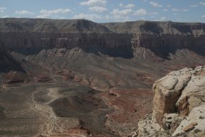 The view of the Grand Canyon from Havasupai Hilltop. The trail snakes along the bottom of the canyon. (Photo by Bri Cossavella/Cronkite News)