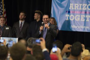 “There’s a new sheriff in town!” yelled a participant at the Democratic watch party Tuesday night. Paul Penzone will replace Joe Arpaio as sheriff of Maricopa County. (Photo by Ally Carr/Cronkite News)