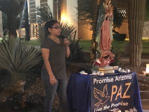 High-school senior Angelica Bernabe said she is worried for her friends, family members, and teachers after the presidential election at a Sunday night vigil for immigrant families. (Photo by Alicia Gonzales/Cronkite News)