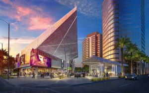 The new modern design for Arizona Center shows a rooftop jutting toward the sky like a rocketship near the entryway off Third and Van Buren streets. (Rendering courtesy of Parallel Capital Partners)