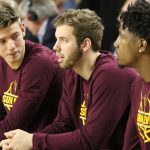 Arizona State’s Vitaliy Shibel, left, Mickey Mitchell, center, and Romello White, right, interact before a game. ASU defeated Washington, 86-75, Wednesday at Wells Fargo Arena in Tempe.(Photo by Fabian Ardaya/Cronkite News)