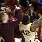 Arizona State’s Jethro Tshisumpa (42) pretends to take a selfie with, from left: Romaine Jackson, Austin Witherill and Andre Adams. ASU defeated Washington, 86-75, Wednesday at Wells Fargo Arena in Tempe. (Photo by Fabian Ardaya/Cronkite News)